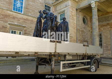 One of Auguste Rodin's most famous sculptures, The Burghers Of Calais, on the back of a removal truck, Compton Verney House Stock Photo