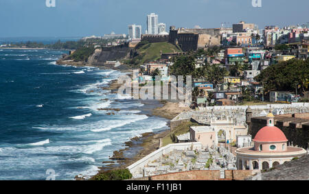 Aerial view of Old San Juan cityscape and beach, Puerto Rico, United States Stock Photo