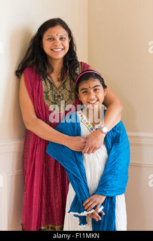 Indian mother and daughter wearing traditional dresses Stock Photo