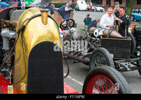 Mike Walker's 1905 Darracq land speed record car parked next to The Beast of Turin,left, Chateau Impney Hill Climb,  2015. Stock Photo