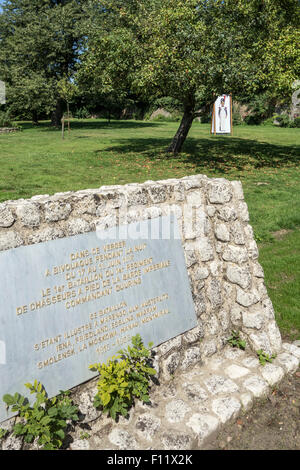 French Garde Impériale memorial plaque in orchard of Le Caillou, Napoleon's Last HQ / Headquarters during the Battle of Waterloo Stock Photo
