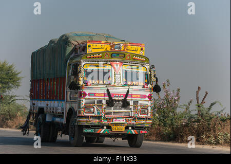 Rajasthan, India. Between Sawai Madhopur and Agra. Colouful decorated truck. Stock Photo