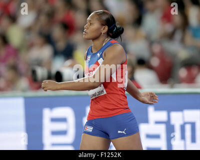 Beijing, China. 25th Aug, 2015. Denia Caballero of Cuba reacts during the women's discus final of the Beijing 2015 IAAF World Championships at the National Stadium, also known as Bird's Nest, in Beijing, China, 25 August 2015. Credit:  dpa picture alliance/Alamy Live News Stock Photo