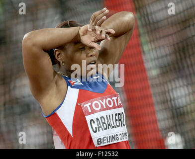 Beijing, China. 25th Aug, 2015. Denia Caballero of Cuba reacts during the women's discus final of the Beijing 2015 IAAF World Championships at the National Stadium, also known as Bird's Nest, in Beijing, China, 25 August 2015. Credit:  dpa picture alliance/Alamy Live News Stock Photo