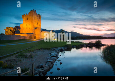 Twilight over Ross Castle (b. 15th Century) on Lough Leane near Killarney, County Kerry, Ireland Stock Photo