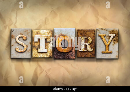 The word "STORY" written in rusty metal letterpress type on a crumbled aged paper background. Stock Photo