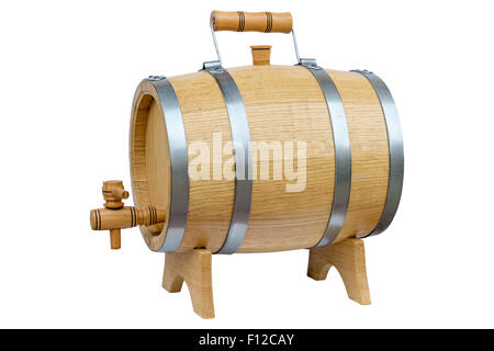 Wooden wine barrel with metal hoops and a handle on a stand. Isolated on white background. Stock Photo