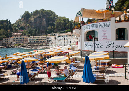 Lido La Pigna restaurant on Taormina beach, Sicily, Italy Stock Photo