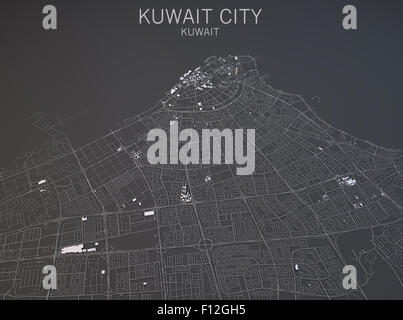 Map of Kuwait city,  Kuwait, satellite view, map in 3d. Black and white Stock Photo