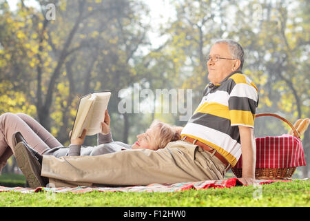 Mature couple having a picnic in park on a beautiful sunny day Stock Photo