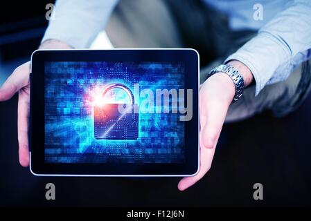 Mobile Internet Safety Concept with Men Showing Tabled Computer with Padlock Security Illustration. Mobile Internet Using and Us Stock Photo