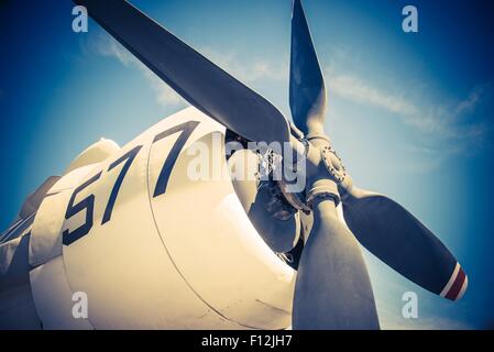Aged World War II Military Combat Aircraft Propeller Closeup Photo. Stock Photo