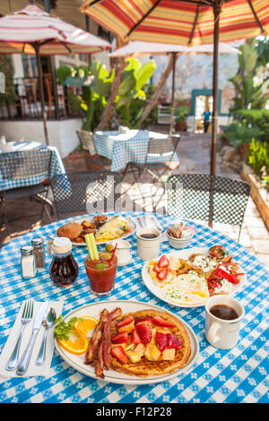 Orange Juice Waffle with bacon, Huevos Paradiso, a Paloma Omlette, coffee and a Bloody Mary, The Paradise Cafe, Santa Barbara