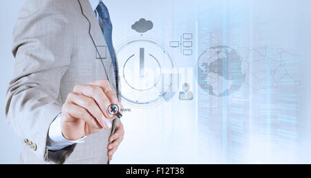 businessman hand working with www. written in search bar on modern computer interface Stock Photo