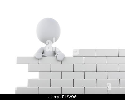 3d renderer image. White people building a brick wall. Isolated white background Stock Photo