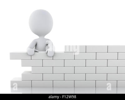 3d renderer image. White people building a brick wall. Isolated white background Stock Photo