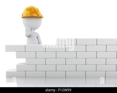 3d renderer image. White people building a brick wall. Isolated white background Stock Photo