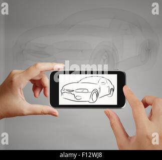 Smart hand using touch screen phone take photo of Car icon as concept Stock Photo