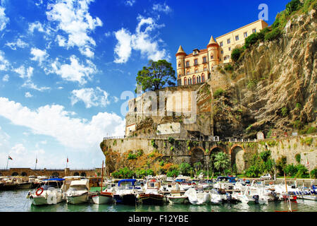 Italian holidays - Maiori in Amalfi coast, view with a castle and boats Stock Photo