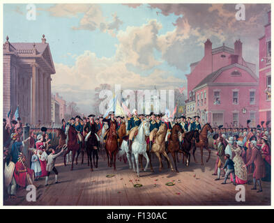 ' 'Evacuation Day' Washington's Triumphal Entry In New York City, Nov. 25th, 1783' by Edmund P. Restein (1837-1891). See description for more information. Stock Photo