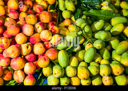 Fresh mangoes and peaches are arranged for sale in the fruit market, Rishikesh, Uttarakhand, India Stock Photo