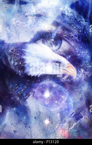 painting eagle with woman eye on abstract background and Yin Yang Symbol in space with stars. Wings to fly, USA Symbols Freedom Stock Photo