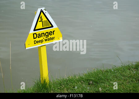 Danger sign for deep water on pond. Stock Photo