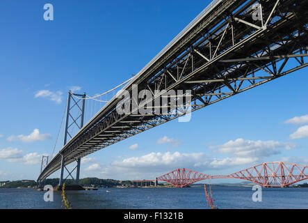 View of Forth Road Bridge and Forth Rail Bridge crossing the River Forth from South Queensferry in Scotland United Kingdom