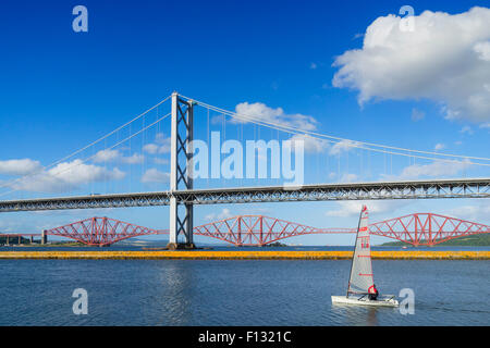 View of Forth Road Bridge and Forth Rail Bridge crossing the River Forth from South Queensferry in Scotland United Kingdom