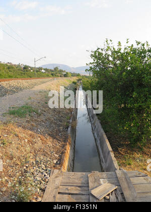 Water flowing through irrigation system in Alora lemon grove Stock Photo
