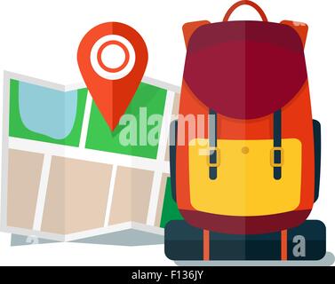 Travel Map with backpack.  Flat Icons, Tourist, Sightseeing, Journey, Inspiration and Concept Stock Vector