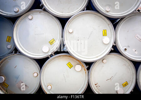 Blue Barrels ,oil or chemical drums stacked up Stock Photo