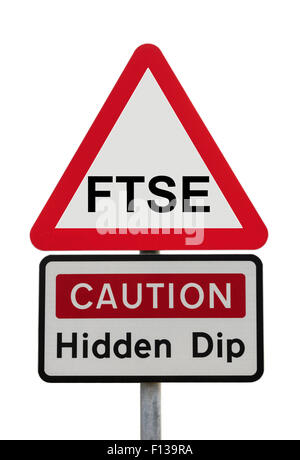 Red triangular hazard sign warning Caution Hidden Dip with FTSE 100 to illustrate recession and fall in stocks and shares after Brexit. UK Britain Stock Photo