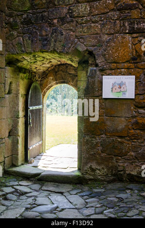 View out of the arched doorway of Historic Scotland's Hermitage Castle, Liddesdale, Scottish Borders, Scotland, U.K. Stock Photo