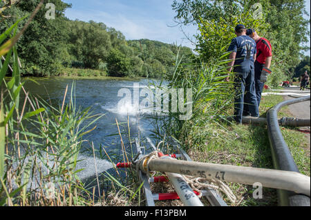 Fire hoses have been set up at the Jagst riverside as members of the local volunteer fire department look on, in Eberbach, Germany, 26 August 2015. Members of the fire department and the German Federal Agency for Technical Relief THW are pumping water from one of the river's distributaries into its main stream to temporarily increase its oxygen levels. Local residents are gearing up in preparation of an ammonium wave expected to hit the area in the evening hours of the same day, posing serious risks to the local fish population. Photo: WOLFRAM KASTL/dpa Stock Photo
