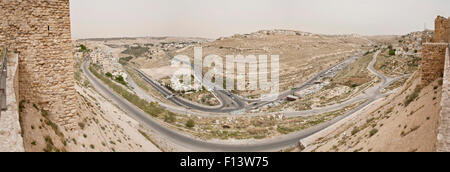 Panoramic view from Karak Castle overlooking the eastern side of the town and hills showing the castle walls. Stock Photo