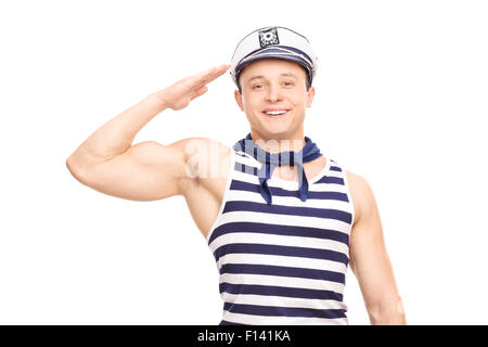 Young male sailor saluting towards the camera isolated on white background Stock Photo