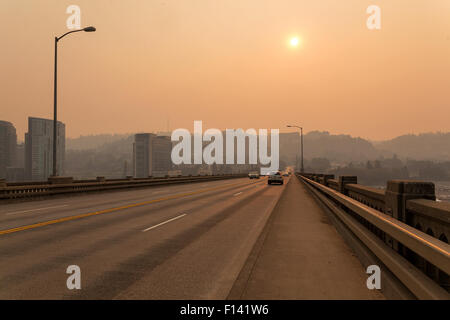 Afternoon Haze and air pollution on Ross Island Bridge in Portland Oregon due to forest wildfires Stock Photo