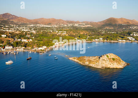 Aerial high angle view of Rabbit Island in Gumusluk bay, Bodrum Stock Photo