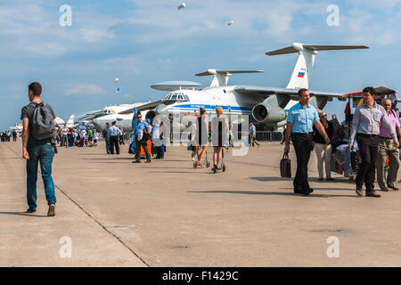 Moscow, Russia, Wednesday, August 26, 2015. The Twelfth International Moscow Aerospace Show MAKS 2015 was opened in Zhukovsky city in the Moscow Region on August 25, 2015. The aim of the show is to demonstrate Russian aerospace achievements, make contracts and negotiate international projects. Static exposition of the heavy civil and military planes on the airfield. Credit:  Alex's Pictures/Alamy Live News Stock Photo