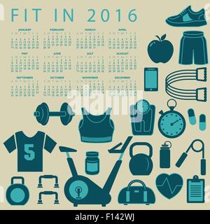 Fit in 2016 creative colorful calendar with fitness icons Stock Vector