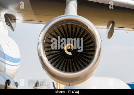 Moscow, Russia, Wednesday, August 26, 2015. The Twelfth International Moscow Aerospace Show MAKS 2015 was opened in Zhukovsky city in the Moscow Region on August 25, 2015. The aim of the show is to demonstrate Russian aerospace achievements, make contracts and negotiate international projects. Jet turbine of the heavy lift transport airplane. Credit:  Alex's Pictures/Alamy Live News Stock Photo