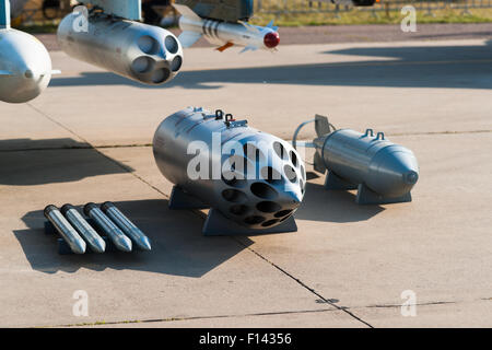 Moscow, Russia, Wednesday, August 26, 2015. The Twelfth International Moscow Aerospace Show MAKS 2015 was opened in Zhukovsky city in the Moscow Region on August 25, 2015. The aim of the show is to demonstrate Russian aerospace achievements, make contracts and negotiate international projects. Missiles and ammunition to be used by the military aircraft. Credit:  Alex's pictures/Alamy Live News Stock Photo