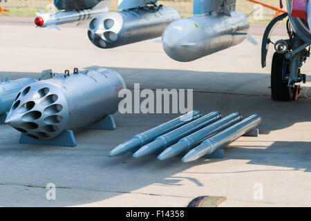 Moscow, Russia, Wednesday, August 26, 2015. The Twelfth International Moscow Aerospace Show MAKS 2015 was opened in Zhukovsky city in the Moscow Region on August 25, 2015. The aim of the show is to demonstrate Russian aerospace achievements, make contracts and negotiate international projects. Missiles and ammunition to be used by the military aircraft. Credit:  Alex's pictures/Alamy Live News Stock Photo