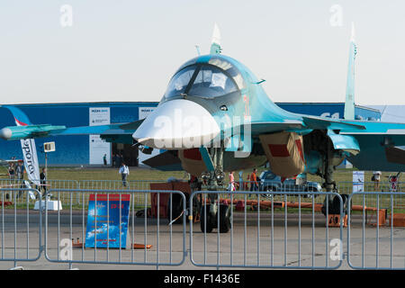 Moscow, Russia, Wednesday, August 26, 2015. The Twelfth International Moscow Aerospace Show MAKS 2015 was opened in Zhukovsky city in the Moscow Region on August 25, 2015. The aim of the show is to demonstrate Russian aerospace achievements, make contracts and negotiate international projects. Sukhoi Su-34 (Fullback) strike fighter on display at the air show. Credit:  Alex's Pictures/Alamy Live News Stock Photo