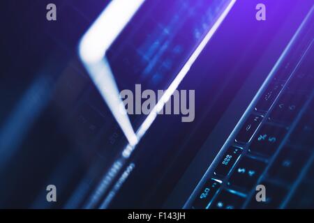 Computer Work Background. Computer Technologies Dark Blue Backdrop. Stock Photo