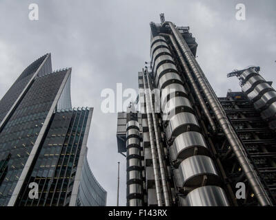 Grey skies over the Lloyds Building in the city of london financial district Stock Photo