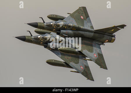 French Air Force Ramex Delta display team fly a pair of Mirage 2000N jet fighter nuclear capable bombers Stock Photo