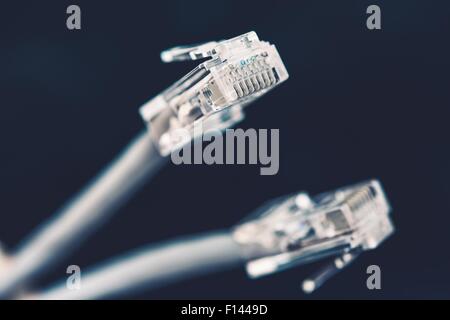 Network Cable Plugs Closeup Photo. Computer Networking Cables. Stock Photo