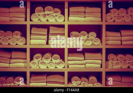 Resort Swimming Pool Towels Wooden Square Rack Closeup. Stock Photo